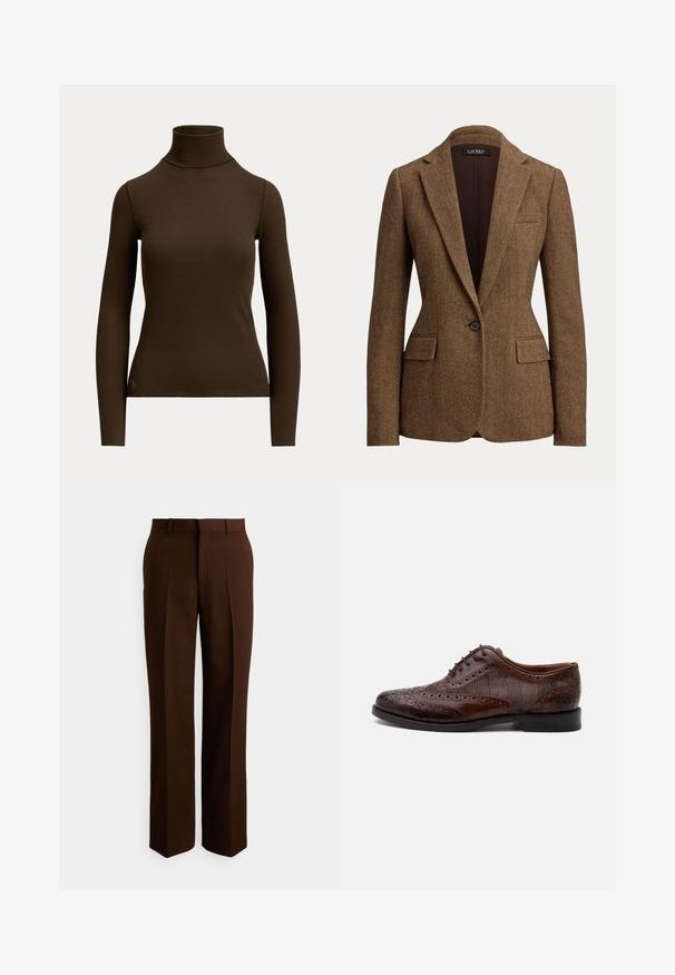Blazer marrón con patrón espiga, botón único, solapas con muesca y bolsillos con solapa, fabricado con tela tejida texturizada.; Jersey de cuello alto acanalado de manga larga en marrón oscuro con silueta ajustada y pequeño logo cerca del dobladillo inferior en el lado frontal izquierdo.; Pantalones marrones a medida con diseño de pierna recta, confeccionados en tela suave, con pliegues y una pretina estándar con trabillas para cinturón.; Zapato de vestir masculino wingtip de cuero marrón con detalles brogue y paneles laterales de tela a cuadros, mostrado de perfil sobre fondo blanco.