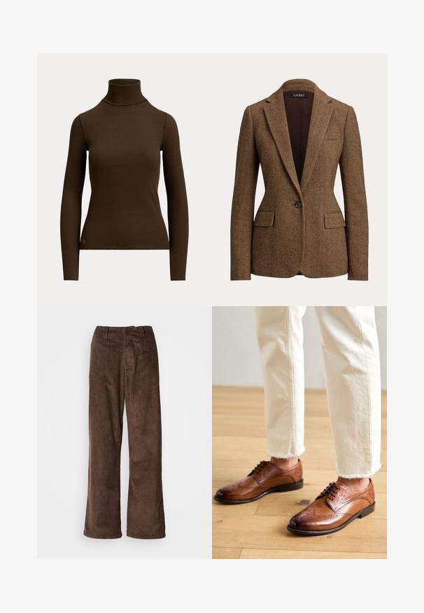 Brun blazer med fiskebenmønster, enkeltknappet, med notch revers og klaplommer, lavet af tekstureret vævet stof.; Mørkebrunt langærmet ribstrikket polotrøje med tætsiddende silhuet og lille logo nær den nederste kant foran på venstre side.; Brune fløjl bukser med en bred benudskæring, der har lodrette ribber og en talje. Stoffet har et blødt, tekstureret udseende.; Brune læder brogue sko med perforerede detaljer, rund tå og en glat overflade, parret med cremede bukser med frynset kant.