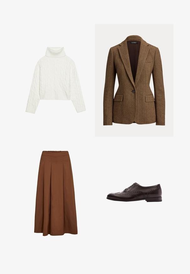 Brun blazer med fiskebenmønster, enkeltknappet, med notch revers og klaplommer, lavet af tekstureret vævet stof.; Hvid kabel-strikket turtleneck sweater med en cropped silhuet, der har ribbede manchetter og kant. Blød tekstur med et hyggeligt, chunky design.; Brun A-formet midi-nederdel med frontplisser og elastik i taljen, lavet af glat stof.; Brune læder dress sko med brogue-detaljer, snørebånds lukning, rund tå og en lav stablet hæl. Poleret finish og indviklede perforeringer.