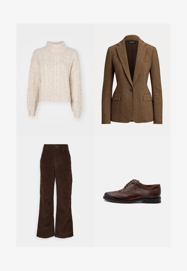 Blazer marrón con patrón espiga, botón único, solapas con muesca y bolsillos con solapa, fabricado con tela tejida texturizada.; Suéter recortado de color crema con cuello alto, que presenta un patrón de punto de cable texturizado y mangas largas, ligeramente abullonadas.; Hollister Co. Pantalones - chicory; Zapato de vestir masculino wingtip de cuero marrón con detalles brogue y paneles laterales de tela a cuadros, mostrado de perfil sobre fondo blanco.