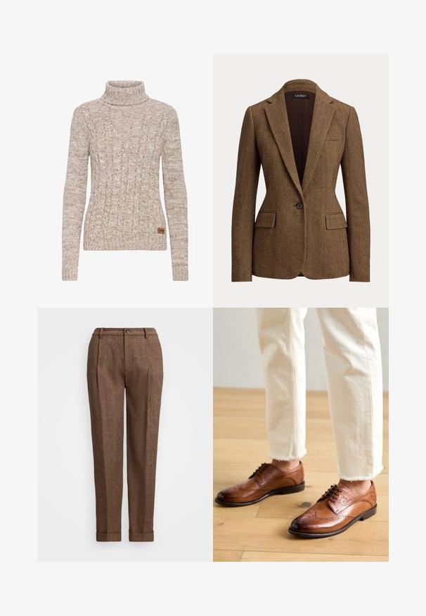 Blazer marron à motif chevrons, bouton unique, avec revers crantés et poches à rabat, fabriqué en tissu texturé tissé.; Pull à col roulé en tricot marbré beige et brun clair avec motifs torsadés et une petite étiquette de marque brune sur le côté inférieur.; Pantalons à carreaux marron avec une coupe ajustée, présentant des plis, une fermeture à bouton et des ourlets retroussés. Tissu texturé avec des accents orange.; Chaussures brogues en cuir marron avec des détails perforés, bout arrondi et finition lisse, associées à un pantalon crème à ourlet effiloché.