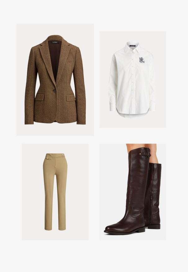 Blazer marron à motif chevrons, bouton unique, avec revers crantés et poches à rabat, fabriqué en tissu texturé tissé.; Chemise blanche à manches longues boutonnée avec col pointu et logo noir brodé sur la poitrine gauche.; Pantalons slim beige pour femmes avec taille haute, deux boutons sur le côté et une petite poche à rabat boutonnée près de la taille.; Bottes marron en cuir montantes avec un bout arrondi, fermeture éclair latérale et un petit détail de boucle en haut, présentant une texture lisse.