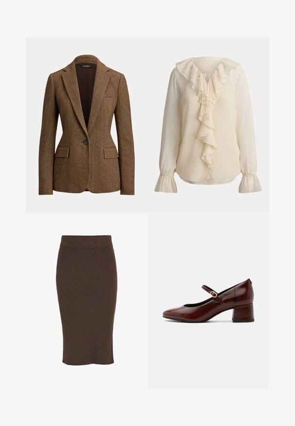 Blazer marron à motif chevrons, bouton unique, avec revers crantés et poches à rabat, fabriqué en tissu texturé tissé.; Blouse crème à manches longues avec col à volants, volant cascade devant, lien à l'encolure et poignets cloche froncés.; VILA VIRIL NOOS - Jupe crayon - coffee bean; Chaussure Mary Jane en cuir marron avec petit talon bloc et bride à boucle dorée, vue latérale sur fond blanc.