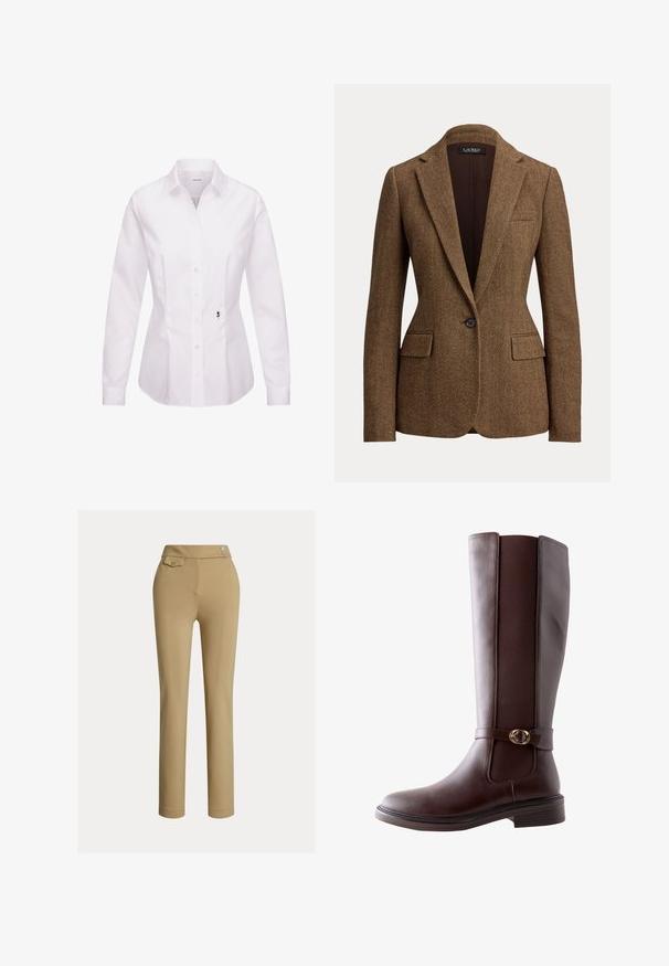 Brun blazer med fiskebenmønster, enkeltknappet, med notch revers og klaplommer, lavet af tekstureret vævet stof.; Hvid langærmet skjorte med knapper, klassisk krave, frontplade, sidesømme og en sort broderet rosedetalje nær kanten.; Beige slim-fit kvindebukser med høj talje, to knapper i siden og en lille lomme med knap nær taljebåndet.; Next STANDARD FIT - FOREVER COMFORT ROUND BUCKLE DETAIL - Høje støvler/ Støvler - new chocolate brown