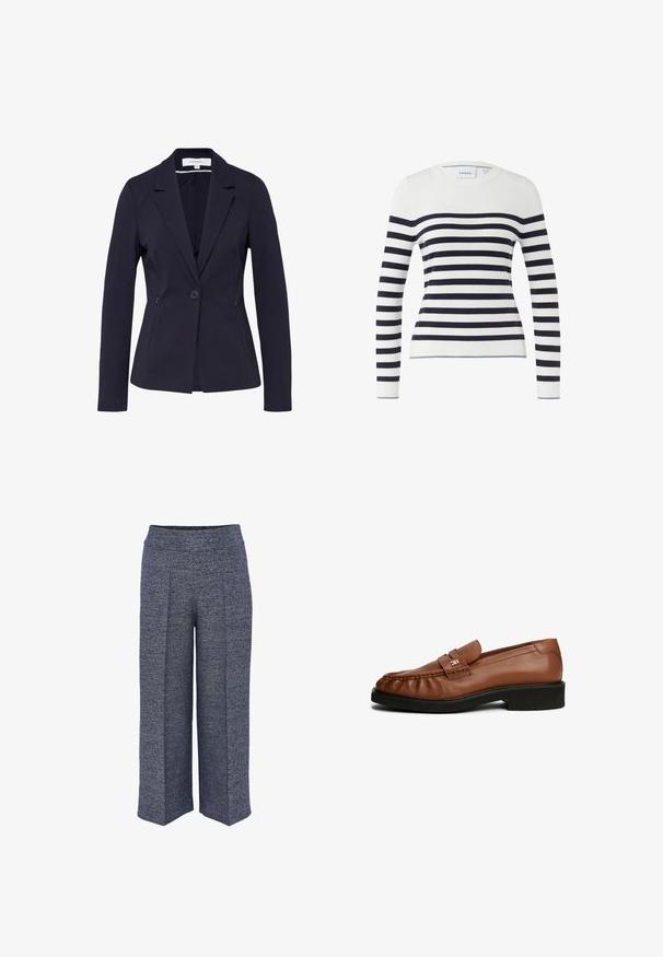 Marineblauer, maßgeschneiderter Blazer mit einreihiger Knopfleiste, Revers, langen Ärmeln und seitlichen Taschen mit Reißverschluss.; Gestreifter Pullover in Weiß und Marineblau, aus einem weichen Strickstoff gefertigt. Verfügt über einen runden Ausschnitt und lange Ärmel mit gerippten Bündchen.; Weite Hosen aus strukturiertem marineblauen Stoff, mit hohem Bund und klaren Vorderfalten für ein strukturiertes Design.; Braune Lederloafers mit glatter Textur, abgerundetem Zehenbereich, einem Detail mit vorderem Riemen und niedrigem schwarzen Gummihoch.