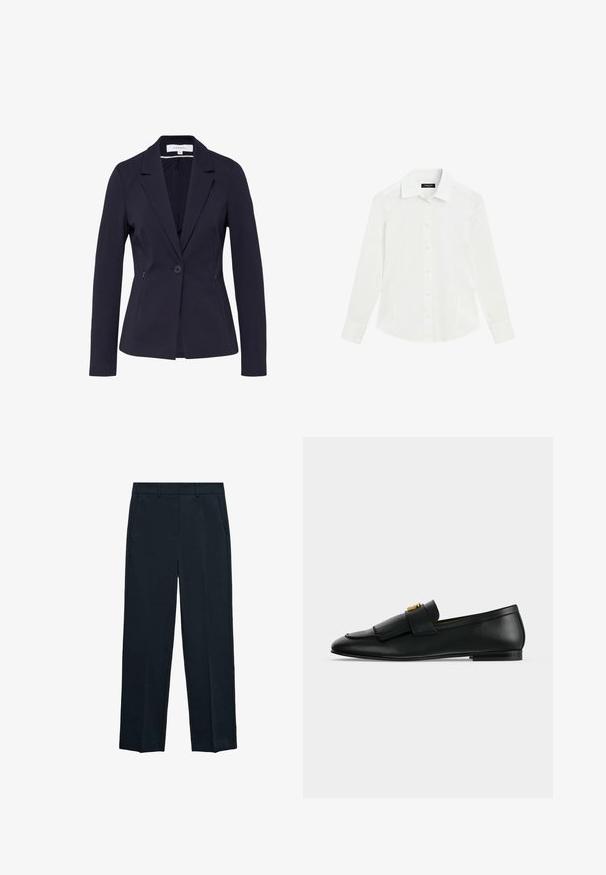 Blazer ajusté bleu marine avec fermeture à un seul bouton, revers crantés, manches longues et poches latérales zippées.; Chemise blanche à manches longues avec col et poignets, présentée à plat sur fond blanc.; Pantalons bleu marine avec une coupe droite, devant plat, deux poches latérales et une texture lisse. Aucun motif ou accent visible.; Mocassin en cuir noir avec un rabat avant à franges et une petite boucle dorée sur un fond gris clair uni.