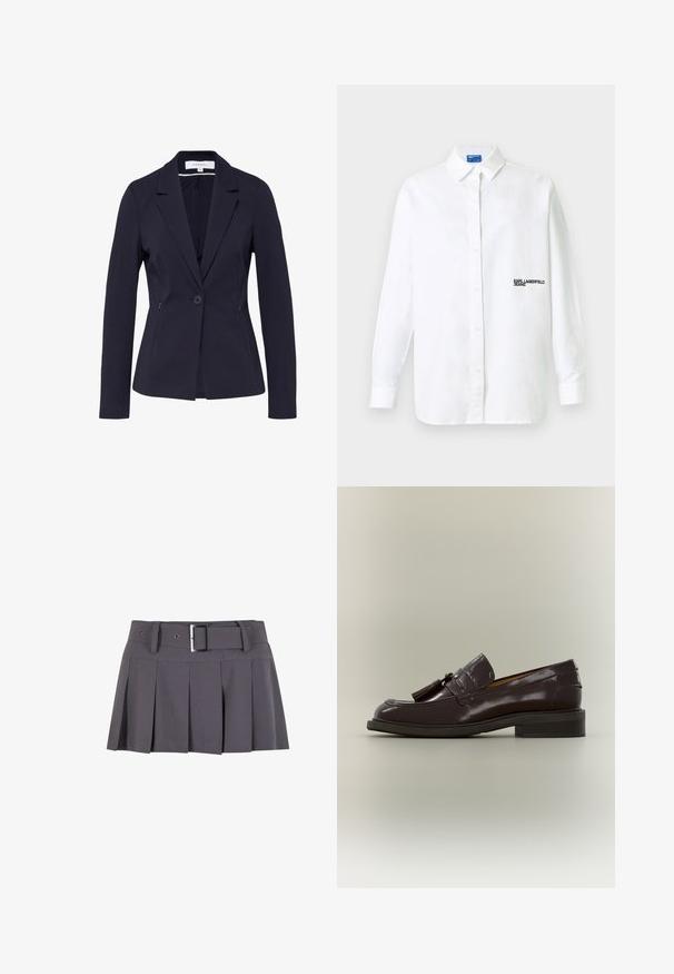 Blazer ajusté bleu marine avec fermeture à un seul bouton, revers crantés, manches longues et poches latérales zippées.; Chemise blanche à manches longues avec col et logo texte noir "KARL LAGERFELD JEANS" sur le côté gauche de la poitrine.; Jupe mini plissée grise avec une texture lisse, dotée d'une large ceinture, de passants de ceinture et d'un détail de boucle rectangulaire en argent.; Mocassin en cuir marron foncé avec pampilles, talon bas et semelle cousue, montré de profil sur un fond neutre.