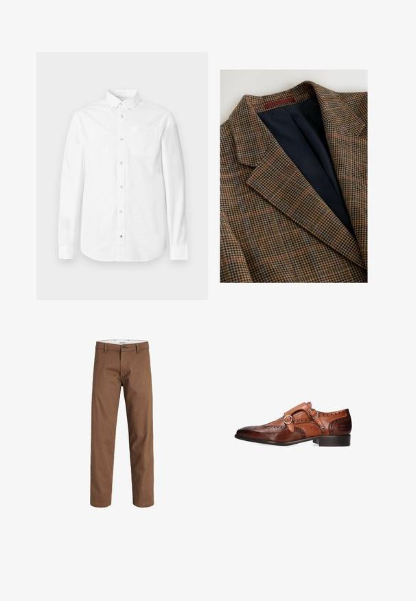 Blazer de cuadros marrón y azul marino con un patrón de espiga, que presenta un cuello con muescas y forro negro en el interior.; Camiseta blanca de manga larga hecha de algodón. Presenta un cuello abotonado, bolsillo delantero y textura sutil. Dobladillo recto con cierres de botones.; Pantalones marrones de pierna recta con cierre de botón y cremallera, trabillas para cinturón y bolsillos delanteros, mostrados sobre un fondo blanco.; Zapato de vestir marrón de cuero con doble hebilla tipo monk strap, detalles brogue y tacón bajo, vista lateral sobre fondo blanco.