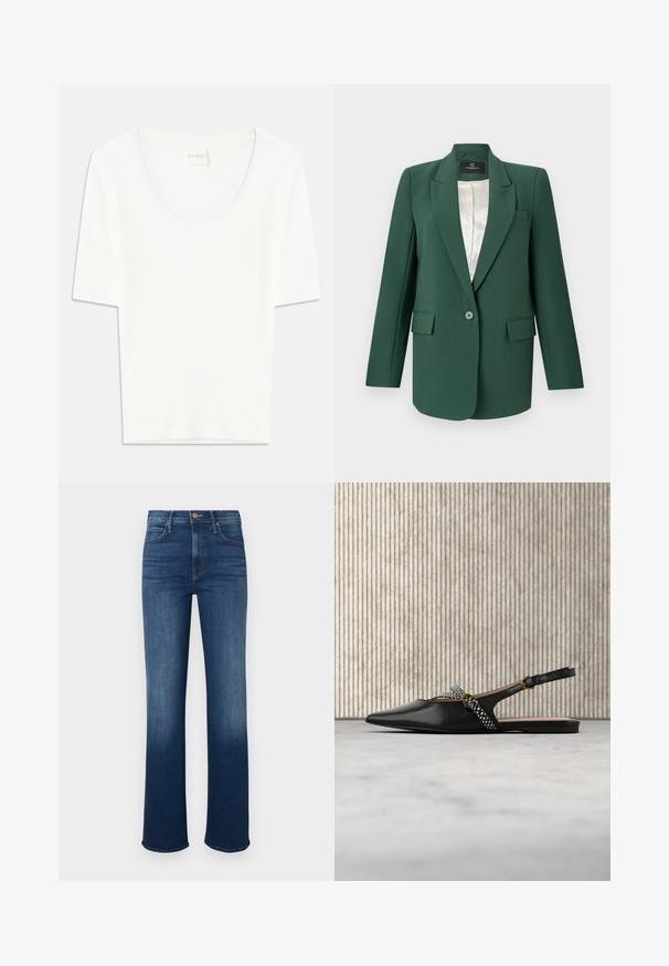 Grüner maßgeschneiderter Blazer mit Reverskragen, einem einzelnen Knopfverschluss, zwei vorderen Taschen und einem satinartigen Innenfutter. Glatte Stoffoberfläche.; Weißes T-Shirt mit kurzen Ärmeln und rundem Ausschnitt. Hergestellt aus weichem Baumwollstoff, bietet es einen lässigen Schnitt und ein minimalistisches Design.; Jeans aus Denim, mittelblau, tailliert, gerades Bein, leichte Verblassung am Saum, Fünf-Taschen-Design, Metallknopfverschluss.; Schwarzer spitzer Slingback-Flachschuh mit Leopardenmuster-Riemen und goldenen Schnallen, präsentiert auf einem beigen Teppich vor braunen, durchscheinenden Möbeln.