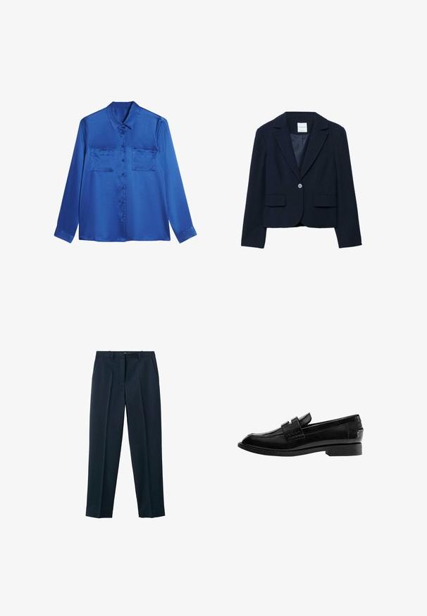 Marineblauer, kürzer geschnittener Blazer aus weichem Stoff. Mit Reverskragen, Ein-Knopf-Verschluss und zwei Fronttaschen. Glattes Innenfutter.; Satinblaue Bluse mit kragenförmigem Halsausschnitt, langen Ärmeln, zwei Brusttaschen und Knopfverschluss vorne. Glatte, glänzende Textur.; Herrenhosen in Marineblau, maßgeschneidert, mit Gürtelschlaufen, vorderen Falten und seitlichen Taschen, auf weißem Hintergrund präsentiert.; Schwarzer Lederloafer mit glänzendem Finish, leicht spitzer Zehenpartie, Schlupfdesign und niedrigem rechteckigem Absatz mit gesteppten Details.