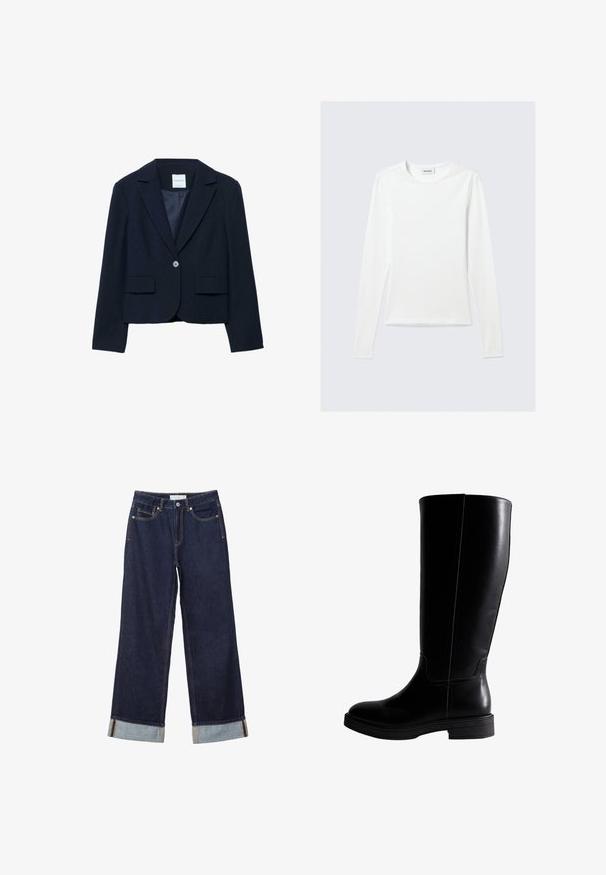 Navyblauw cropped blazer van zachte stof. Voorzien van een reverskraag, een sluiting met een enkele knoop en twee voorzakken. Gladde binnenvoering.; Effen wit shirt met lange mouwen en ronde hals, slim fit, afgebeeld tegen een lichtgrijze achtergrond.; Donkerblauwe wijde spijkerbroek met omslagen aan de zoom, knoopsluiting aan de voorkant, ritssluiting en ontwerp met vijf zakken.; Knee-high zwarte leren laarzen met een gladde textuur, ronde neus, minimale stiksels en een platte rubberen zool. Eenvoudig, strak ontwerp.