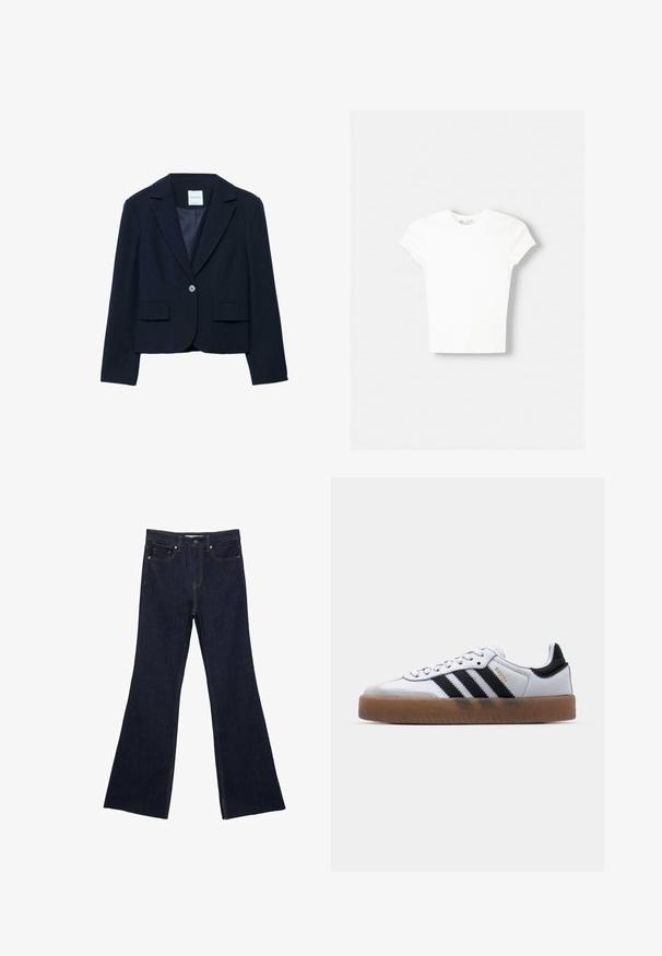 Marineblauer, kürzer geschnittener Blazer aus weichem Stoff. Mit Reverskragen, Ein-Knopf-Verschluss und zwei Fronttaschen. Glattes Innenfutter.; Weißes kurzärmliges T-Shirt aus weicher Baumwolle, mit Rundhalsausschnitt und figurbetonter Form. Keine sichtbaren Muster oder Verzierungen.; Dunkelblaue Jeans mit ausgestelltem Bein, ausgestattet mit einem klassischen Fünf-Taschen-Design und sichtbaren Nähten. Der Stoff hat eine glatte Textur mit minimalen Verblassungen.; Weiße Leder Sneakers mit schwarzen Streifen, Gummigummi-Außensohle, runder Zehenform, Schnürverschluss und weichem grauem Wildleder-Zehenkappe.