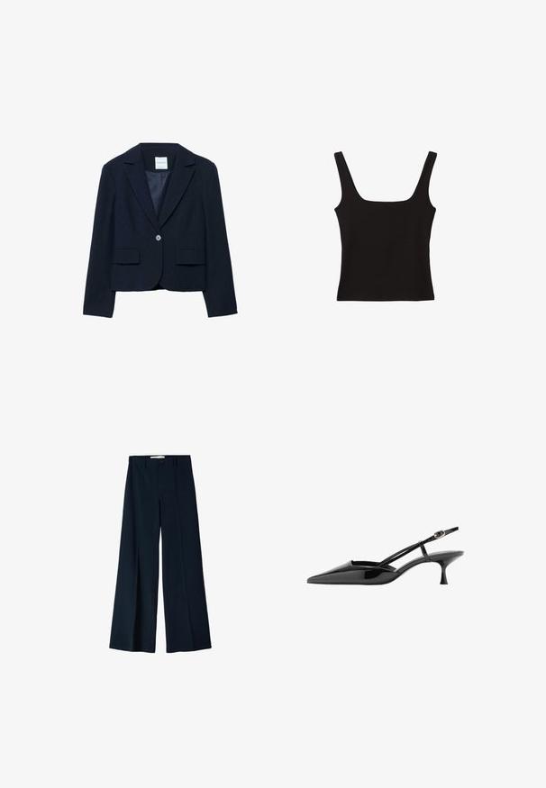 Marineblå cropped blazer i blødt stof. Har en reverskrave, enkeltknaplukning og to forlommer. Glat inderfor.; Sort tanktop med firkantet udskæring, lavet af glat bomuldsstof, med brede stropper og en tætsiddende silhuet.; Marineblå bredbensbukser lavet af et glat stof, med to frontfoldninger og en enkelt knaplukning i taljen.; Sort laklæder peep toe slingback kitten heel sko med tynd ankelrem og guld spænde.