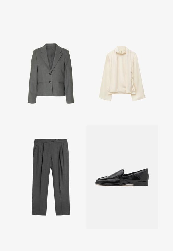 Grauer Blazer mit Schalkragen, Ein-Knopf-Verschluss, zwei vorderen Taschen und glattem, strukturiertem Stoff. Figurbetonter Schnitt, lange Ärmel.; Cremfarbene Bluse mit langen, weiten Ärmeln und hohem Kragen. Sie zeichnet sich durch einen leichten, glatten Stoff und ein passendes Schal-Detail aus.; Dunkelgraue, maßgeschneiderte Hose mit vorderen Falten, Seitentaschen, Knopf am Bund und Reißverschluss.; Schwarze Lederloafers mit glatter Oberfläche, die ein gesticktes Design entlang der vorderen Kante und einen niedrigen, quadratischen Absatz aufweisen.