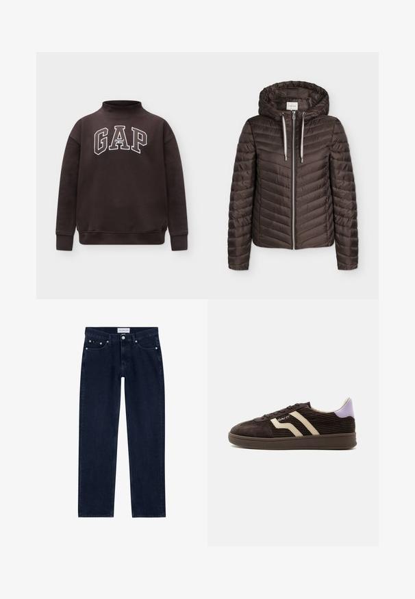 Veste matelassée marron à fermeture éclair avec capuche et cordons blancs, manches longues et motif de coutures horizontales.; Sweat-shirt marron foncé avec col montant et manches longues, avec un grand texte "GAP Original" blanc avec contour sur la poitrine.; Calvin Klein Jeans LOW RISE STRAIGHT - Jean droit - denim dark; Baskets en velours côtelé marron foncé avec des bandes latérales beiges, design à lacets, languette de talon violette et semelle en caoutchouc sur fond blanc.