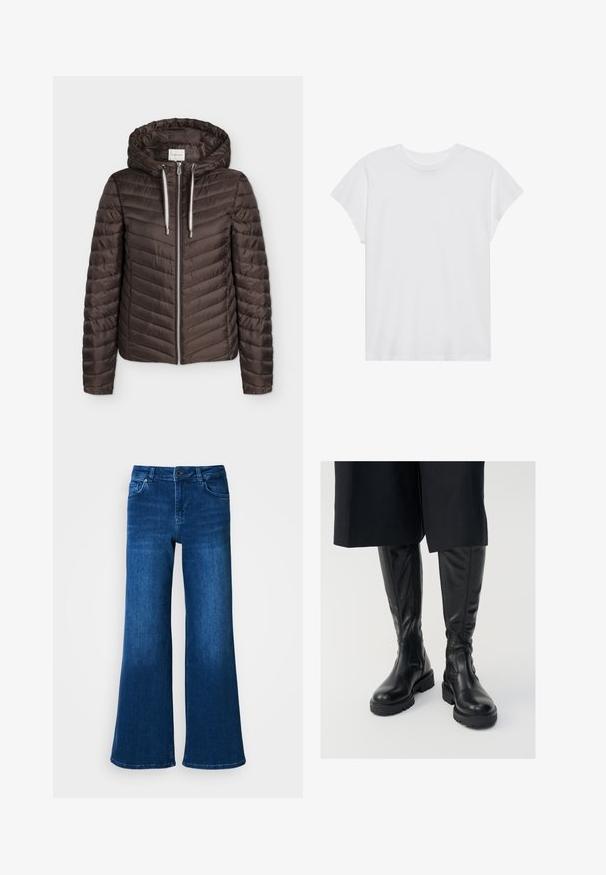 Chaqueta marrón acolchada con cremallera, capucha y cordones blancos, mangas largas y patrón de costuras horizontales.; Camiseta blanca de manga corta con cuello redondo, corte relajado, hecha de suave tela de algodón. Textura lisa, sin estampados ni logotipos.; Jeans anchos de mezclilla azul con una cintura alta, cuentan con cinco bolsillos, cierre de botón y cremallera, y una textura suave y uniforme.; Botas de cuero negras hasta la rodilla con una textura suave, suelas gruesas y cremalleras laterales. El diseño presenta un sutil detalle de costura.