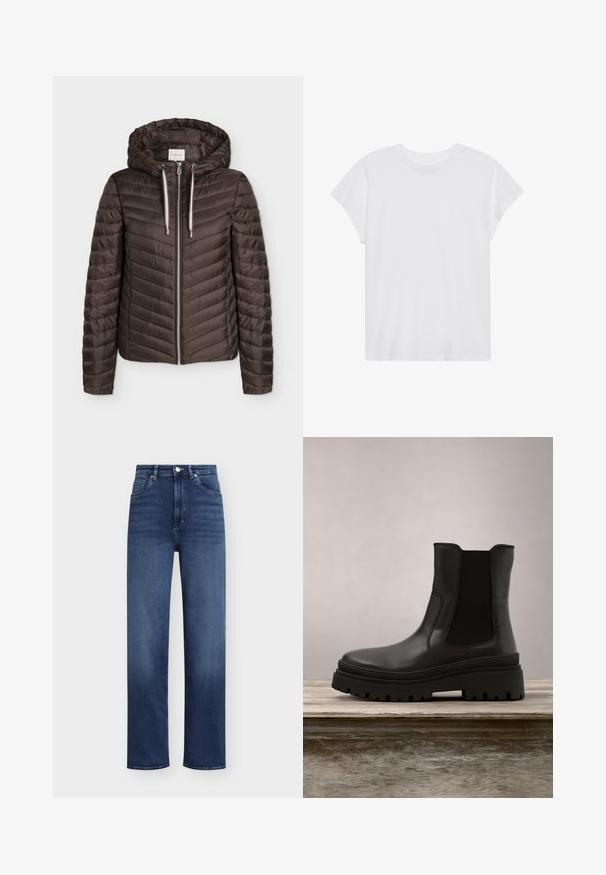Veste matelassée marron à fermeture éclair avec capuche et cordons blancs, manches longues et motif de coutures horizontales.; T-shirt blanc à manches courtes, col rond, coupe décontractée, en tissu de coton doux. Texture lisse, sans motifs ni logos.; Jean en denim bleu foncé avec taille haute, coupe droite et style classique à cinq poches. Doté d'une fermeture à bouton et à glissière.; Bottine en cuir noir avec une semelle épaisse, des panneaux latéraux élastiqués et une finition lisse. Design surélevé avec des détails de semelle contrastants.