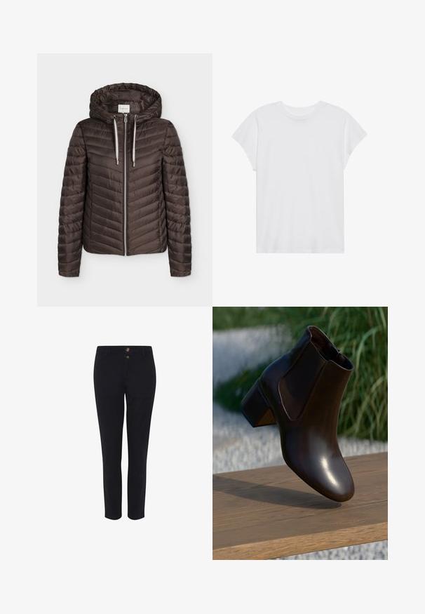 Bruine doorgestikte jas met ritssluiting, capuchon en witte trekkoorden, lange mouwen en horizontaal stikpatroon.; Witte t-shirt met korte mouwen, ronde hals, relaxte pasvorm, gemaakt van zacht katoen. Glad textuur, geen patronen of logo's.; Zwarte op maat gemaakte broek van een katoenmix, met twee knopen aan de voorkant, een rechte snit en een gladde textuur. Geen zichtbare patronen.; Bruine leren enkelboot met een ronde neus en een lage blokhak, voorzien van elastische zijpanelen en een gladde, glanzende afwerking.