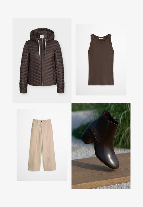 Veste matelassée marron à fermeture éclair avec capuche et cordons blancs, manches longues et motif de coutures horizontales.; Débardeur marron foncé ajusté sans manches avec encolure ronde, présenté sur un fond clair uni.; Pantalon beige à jambes larges avec pli frontal, passants pour ceinture, fermeture par bouton et une petite étiquette en tissu sur le côté droit de la ceinture.; Bottine en cuir marron avec un bout rond et un petit talon block, dotée de panneaux latéraux élastiques et d'une finition lisse et brillante.