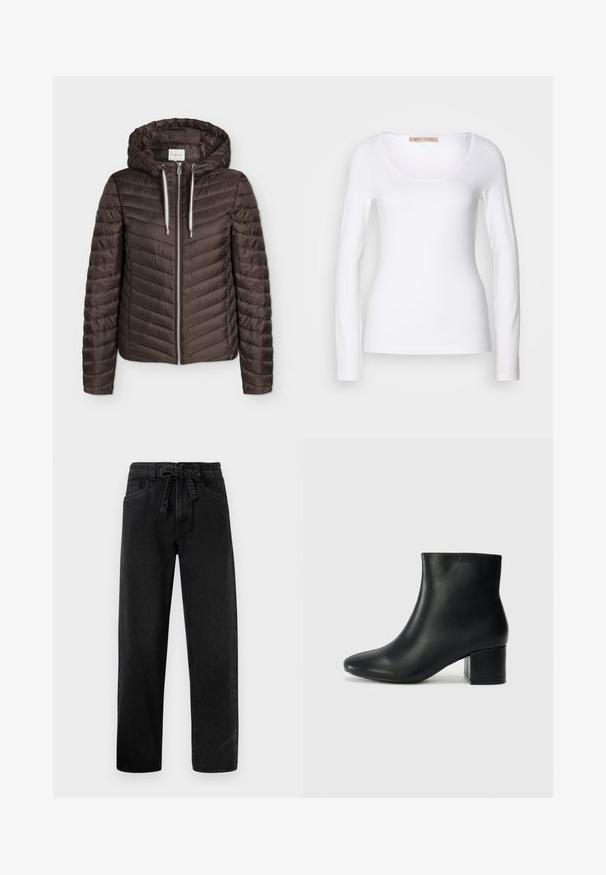 Chaqueta marrón acolchada con cremallera, capucha y cordones blancos, mangas largas y patrón de costuras horizontales.; Camiseta de algodón blanca de manga larga con escote redondeado y un diseño ajustado, de textura suave y sin adornos.; Pantalones vaqueros negros de mezclilla con cintura elástica, diseño de pierna recta, cinco bolsillos y una sutil textura desgastada.; Botas de cuero negras hasta el tobillo con una punta afilada y un tacón grueso. Textura lisa con acentos mínimos y un diseño elegante y ajustado.
