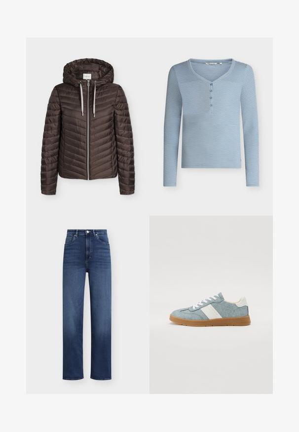Bruine doorgestikte jas met ritssluiting, capuchon en witte trekkoorden, lange mouwen en horizontaal stikpatroon.; Blauw-wit horizontaal gestreept henleyshirt met lange mouwen, vier knopen en een afgeronde V-hals.; Donkerblauwe spijkerbroek met een hoge taille, rechte pijpen en een klassieke vijfzakkenstijl. Voorzien van een knoop- en ritssluiting.; Denim canvas sneaker met lichtblauwe bovenkant, witte zijstreep en rubberen gumzool. Voorzien van witte veters en een gevoerde kraag.