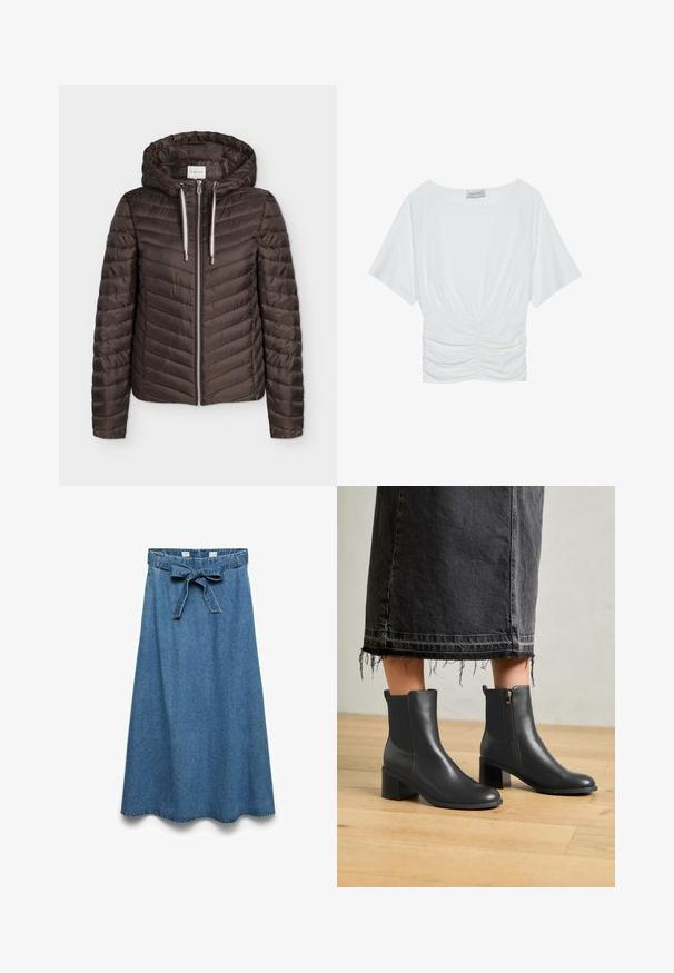 Bruine doorgestikte jas met ritssluiting, capuchon en witte trekkoorden, lange mouwen en horizontaal stikpatroon.; Witte top met korte mouwen in een relaxed fit, met een geraffineerd ruches ontwerp bij de taille en een gladde stoftextuur. Label: Anna Field.; Blauwe denim A-lijn rok met gespen aan de taille en taillebandlussen, halflang met een nette zoom.; Zwarte leren enkellaarsjes met een ronde neus en een blokhak. Beschikt over een zijrits en een gladde textuur. Draagt met een versleten denimrok.