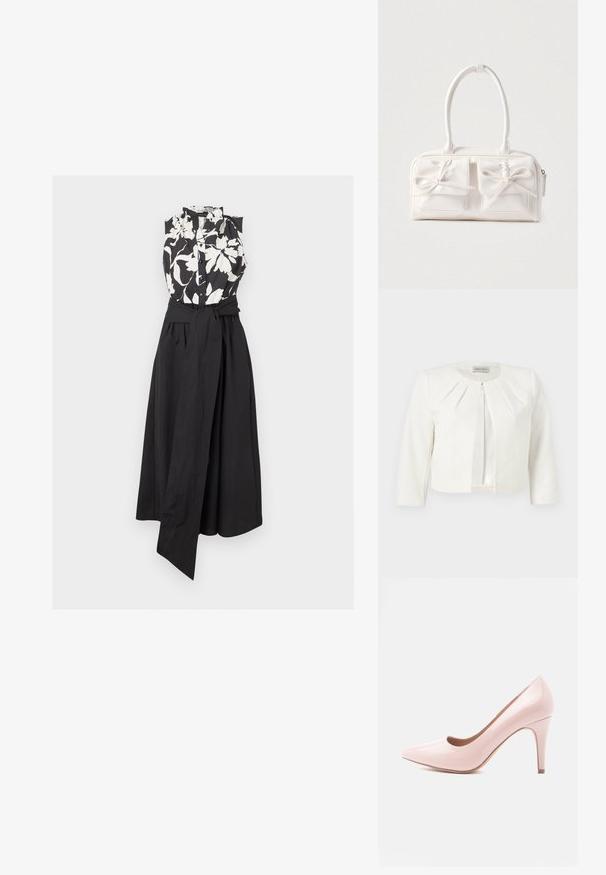 Hvid cropped blazer med trekvartlange ærmer og plisseret detaljer omkring kraven fra Anna Field.; Ærmeløs kjole med sort og hvid blomsterprint på knaplukket top og ensfarvet sort nederdel, med bredt knyttet taljebånd.; Pink laklæder højhælet sko med spids tå og tynd hæl. Glat tekstur med en blank finish. Ingen synlige accenter eller mønstre.; Hvid syntetisk håndtaske med to forlommer, hver med en bundet sløjfedetalje. Glat tekstur, afrundede håndtag og lynlås lukning.