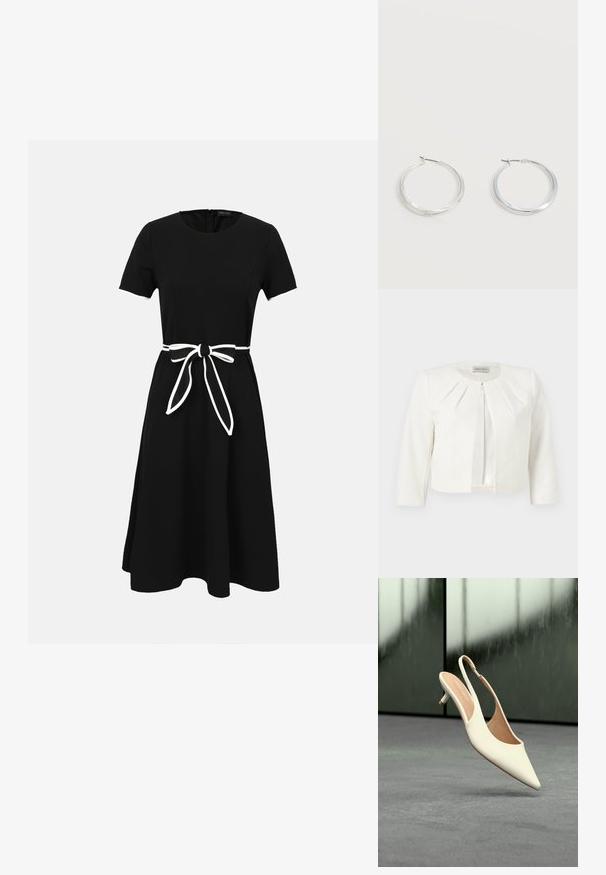 Blazer blanc court à manches trois-quarts avec des détails plissés autour du col, par Anna Field.; Robe noire longueur genou avec manches courtes et ceinture blanche nouée à la taille, avec un col rond et une fermeture éclair au dos.; Chaussure femme beige à bout pointu avec bride arrière et petit talon kitten, flottant au-dessus d'un sol gris sur fond sombre flou.; Boucles d’oreilles créoles en métal argenté avec une surface lisse légèrement incurvée et des fermoirs à clapet sur un fond blanc uni.