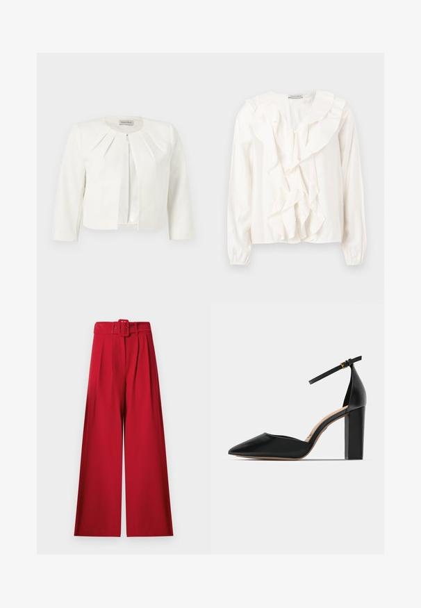 Hvid cropped blazer med trekvartlange ærmer og plisseret detaljer omkring kraven fra Anna Field.; Hvid bluse med flæsefront, blødt stof, lange ærmer og knaplukning. Har en struktureret krave og rynkede manchetter.; Rødt, vidt ben, højtaljede bukser med forreste læg og et matchende stofbælte med rektangulært spænde.; Sorte læder højhælede sko med ankelrem, spids tå og firkantet chunky hæl. Glat tekstur med et minimalistisk design.