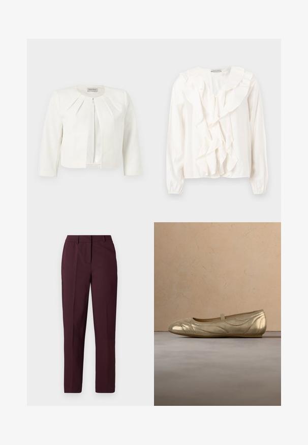 Blazer blanc court à manches trois-quarts avec des détails plissés autour du col, par Anna Field.; Blouse blanche avec un devant à volants, tissu doux, manches longues et fermetures à boutons. Présente un col structuré et des poignets froncés.; Pantalon droit bordeaux avec une texture lisse, présentant un devant plat et sans poches visibles. Coupe ajustée avec une coupe classique.; Ballers dorées métalliques avec des coutures, une sangle élastique, un bout rond et une texture lisse, sur un fond gris texturé.