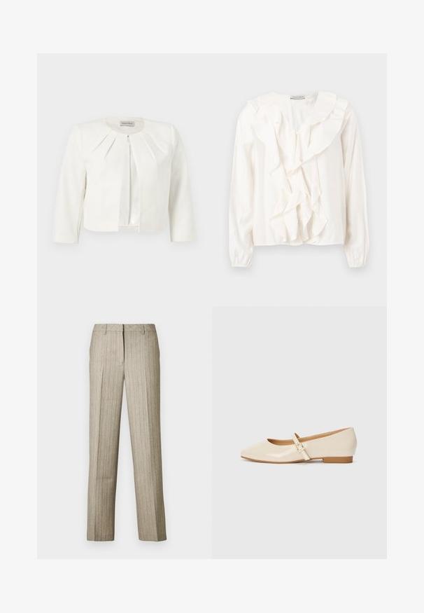Hvid cropped blazer med trekvartlange ærmer og plisseret detaljer omkring kraven fra Anna Field.; Hvid bluse med flæsefront, blødt stof, lange ærmer og knaplukning. Har en struktureret krave og rynkede manchetter.; Beige bukser med nålestriber og et lige ben-design, der har en struktureret linning og en subtil tekstur i hele stoffet.; Beige patentlæder balletflade med firkantet tå, lille hæl og justerbar ankelrem med guldspænde accent.