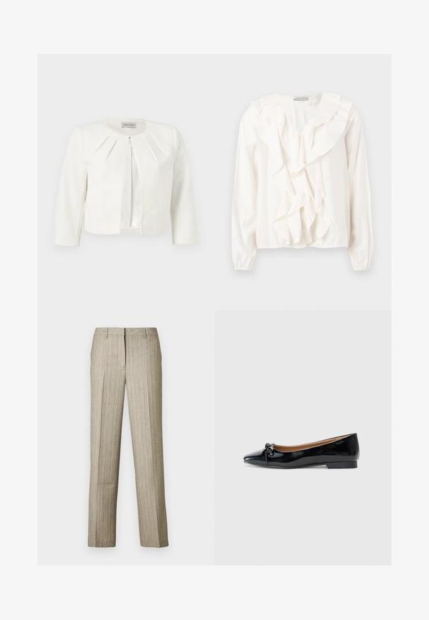 Blazer blanc court à manches trois-quarts avec des détails plissés autour du col, par Anna Field.; Blouse blanche avec un devant à volants, tissu doux, manches longues et fermetures à boutons. Présente un col structuré et des poignets froncés.; Pantalon beige à fines rayures avec une coupe droite, doté d'une ceinture structurée et d'une texture subtile sur l'ensemble du tissu.; Ballerines en cuir verni noir avec un bout pointu, un petit nœud à l'avant et un petit talon carré. Texture lisse et brillante.