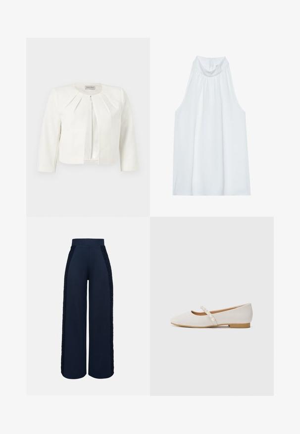 Hvid cropped blazer med trekvartlange ærmer og plisseret detaljer omkring kraven fra Anna Field.; Hvid ærmeløs top med høj hals, der har blødt stof, sammensyning ved halsudskæringen og en skjult lynlås i ryggen.; Marineblå bukser med vide ben, høj talje og blonder langs ydersiden af begge ben.; Flade sko i blødt beige materiale med en spids tådesign. Har en dekorativ rem med hvide perledetaljer. Lav hæl.