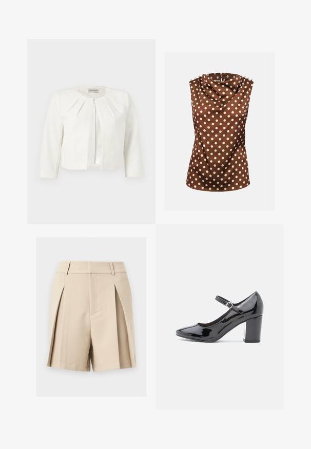 Witte cropped blazer met driekwartsmouwen en geplooide details rondom de kraag van Anna Field.; Mouwloze bruine blouse met witte polkadots, gedrapeerde hoge halslijn en decoratieve knopen op de schouders.; Beige, op maat gemaakte shorts met hoge taille, voorzien van ceintuurlussen en voorplooien, afgebeeld tegen een neutrale achtergrond.; Zwarte gepatineerde leren hoge hak met een ronde neus, enkelbandje en een blokhak. Glanzende afwerking met een gladde textuur.