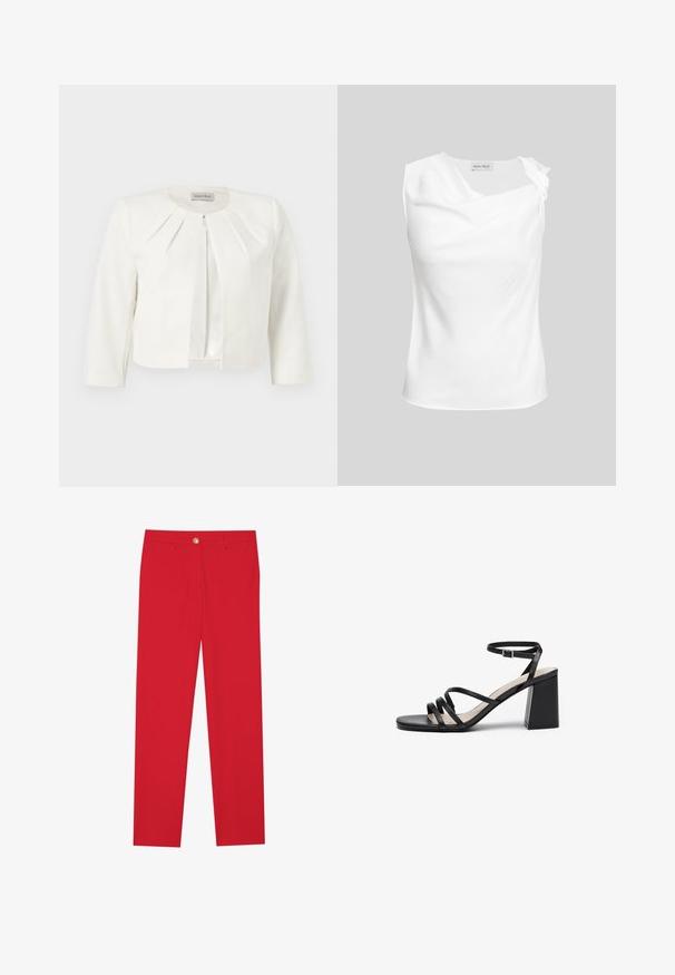 Blazer blanc court à manches trois-quarts avec des détails plissés autour du col, par Anna Field.; Blouse blanche sans manches avec encolure drapée et petit détail de fleur en tissu sur l’épaule droite, présentée sur un fond neutre.; Pantalons rouges avec une coupe droite, devant plat, fermeture à un bouton et deux poches latérales. Tissu lisse sans motifs ni accents visibles.; Sandales à talons noirs avec plusieurs fines lanières, bout carré et talon bloc, dotées d'une sangle ajustable à la cheville. Texture en cuir lisse.