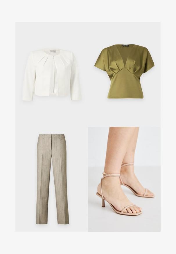 Hvid cropped blazer med trekvartlange ærmer og plisseret detaljer omkring kraven fra Anna Field.; Olivengrøn top med V-hals og korte ærmer, med plisserede detaljer ved brystet. Lavet af et glat, blødt stof.; Beige bukser med nålestriber og et lige ben-design, der har en struktureret linning og en subtil tekstur i hele stoffet.; Nude strop sandals med en tynd ankelrem, et firkantet tådesign og en lille blokhælt. Glat tekstur med minimal detaljering.