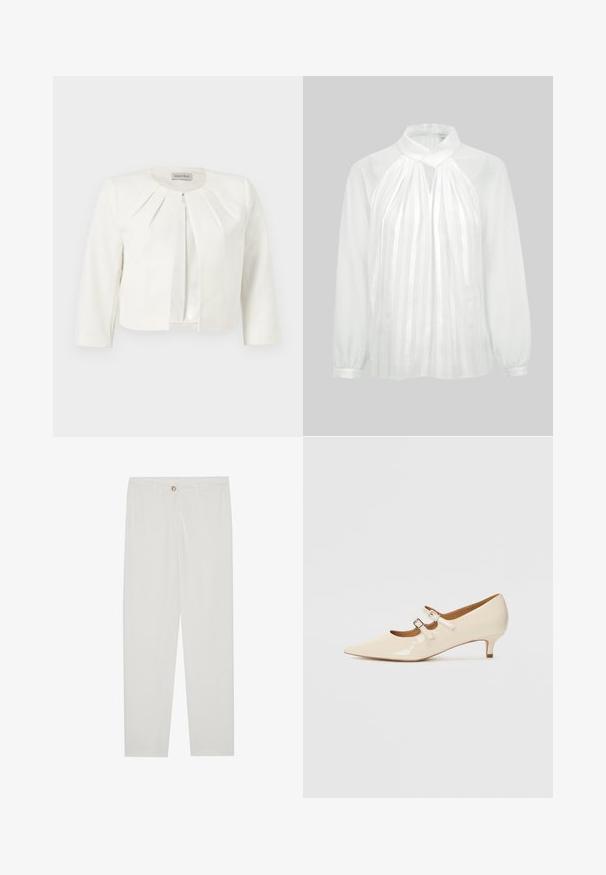 Blazer blanco corto con mangas tres cuartos y detalle plisado alrededor del cuello de Anna Field.; Blusa blanca de manga larga con cuello alto, rayas verticales transparentes en el frente, detalle de abertura en forma de ojo de cerradura y puños con botones sobre fondo liso.; Pantalones blancos, ajustados, con un diseño de pierna recta, que cuentan con un cierre de botón, lazos para cinturón y bolsillos laterales; textura de tela suave.; Zapatos Mary Jane de piel sintética beige con dos hebillas ajustables, punta afilada y tacón bajo. Textura suave con un acabado brillante.