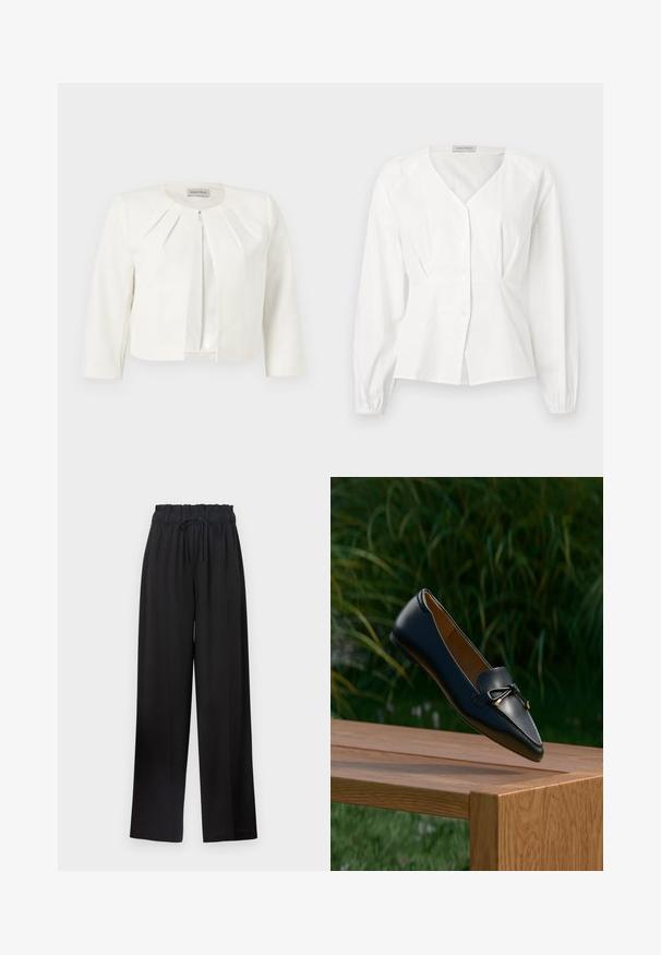 Blazer blanco corto con mangas tres cuartos y detalle plisado alrededor del cuello de Anna Field.; Blusa blanca de manga larga con escote en V, botones delanteros, cintura ajustada y puños elásticos, exhibida sobre un fondo liso.; Pantalones de pierna ancha negros con una cinturilla elástica y cordón. Fabricados con un tejido suave sin patrones visibles ni elementos de metal.; Mocasín de cuero negro con un detalle de lazo flotando sobre un banco de madera, con hierba verde y plantas en el fondo.