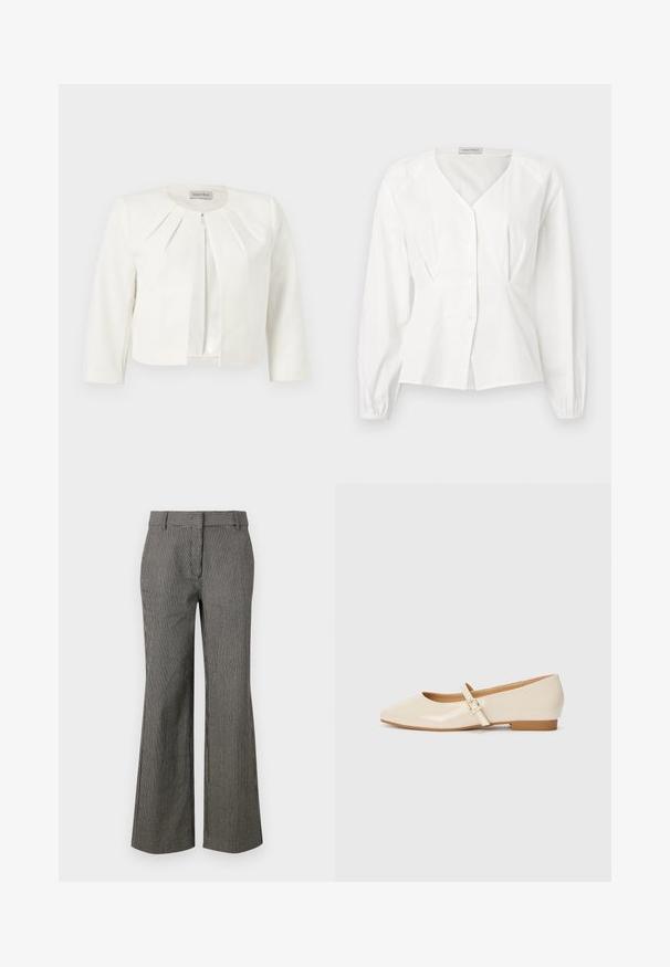 Blazer blanco corto con mangas tres cuartos y detalle plisado alrededor del cuello de Anna Field.; Blusa blanca de manga larga con escote en V, botones delanteros, cintura ajustada y puños elásticos, exhibida sobre un fondo liso.; Pantalones de pierna ancha a rayas en blanco y negro. Hechos de una tela ligera con una textura suave. Presentan una cintura y bolsillos frontales.; Bailarinas de charol beige con punta cuadrada, tacón pequeño y una correa ajustable en el tobillo con un acento de hebilla dorada.