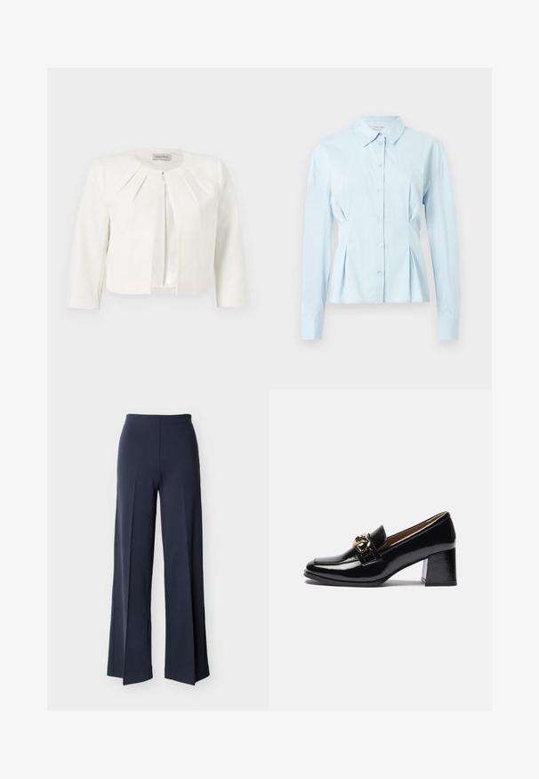 Hvid cropped blazer med trekvartlange ærmer og plisseret detaljer omkring kraven fra Anna Field.; Lyseblå skjorte med krave, lange ærmer, foran knaplukning og plisserede detaljer ved taljen, lavet af glat stof.; Marineblå bukser med vide ben og sideslidser, høj talje og glat front, vist mod en hvid baggrund.; Sorte patentlæder hæl loafers med rund tå, kraftigere hæl og en guldfarvet hardwaredetalje på den forreste rem.