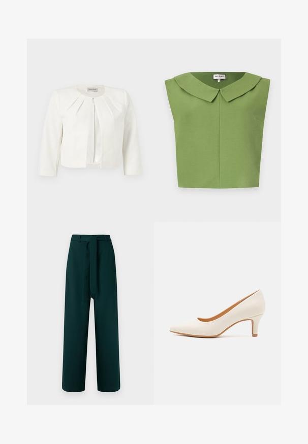Witte cropped blazer met driekwartsmouwen en geplooide details rondom de kraag van Anna Field.; Groen mouwloos topje met een brede puntige kraag, minimale naaddetails aan de voorkant en een Paul & Joe label aan de binnenkant van de halslijn.; Groene broek met een wijdere pijp, riemlussen, een stoffen riem om te strikken en een gladde textuur; heeft een taille met hoge taille en geen zichtbaar patroon.; Witte leren hoge hak met een puntige neus en een slanke, licht hellende hak. Gladde textuur met een minimalistisch ontwerp en een tan gekleurde zool.