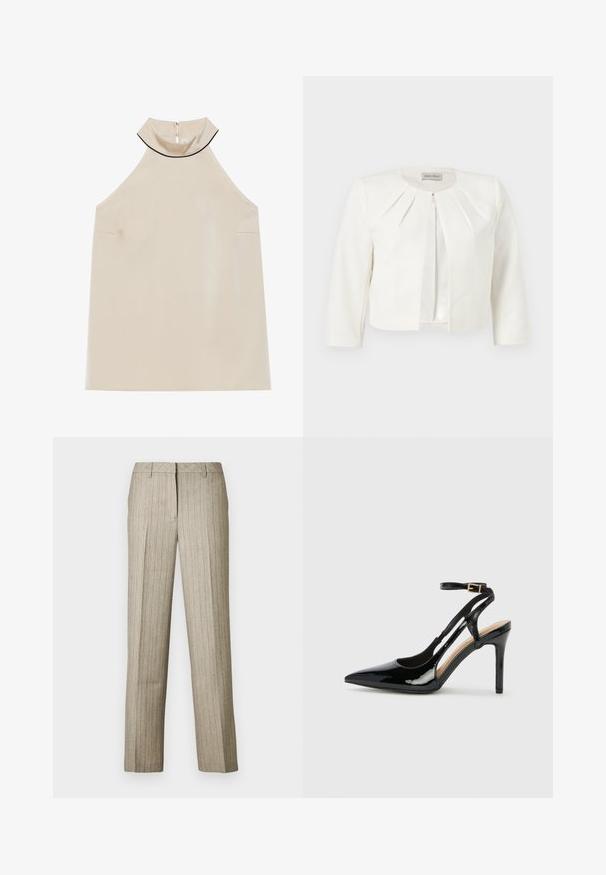 Witte cropped blazer met driekwartsmouwen en geplooide details rondom de kraag van Anna Field.; Beige mouwloze haltertop van gladde stof met een hoge kraag en een rits aan de achterkant, met een minimalistisch ontwerp en geen zichtbare patronen.; Beige pantalon met krijtstrepen en een rechte pijp, voorzien van een gestructureerde tailleband en een subtiele textuur in de stof.; Zwarte lakleren hoge hak slingback schoenen met spitse neus, verstelbare enkelband en open zijkanten. Gladde textuur.