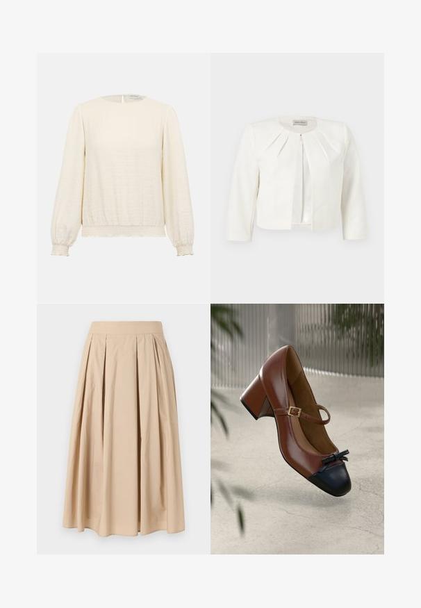 Blazer blanc court à manches trois-quarts avec des détails plissés autour du col, par Anna Field.; Blouse longue à manches longues couleur crème avec encolure ronde, poignets et ourlet froncés élastiqués, tissu subtilement texturé, et fermeture par boutons au dos.; Jupe plissée beige, longueur au genou, avec une large ceinture, réalisée en tissu léger, présentée sur un fond blanc uni.; Talons Mary Jane en cuir marron avec bout noir, nœud noir, bride à boucle dorée et talon bloc sur un sol clair texturé.