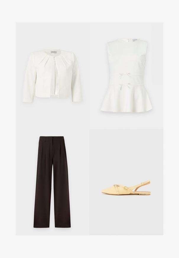 Blazer blanc court à manches trois-quarts avec des détails plissés autour du col, par Anna Field.; Haut blanc sans manches avec basque, deux petits nœuds décoratifs à la taille et un col rond.; Pantalon marron foncé à jambes larges avec plis et passants pour ceinture, doté d'une fermeture éclair avant et d'un ourlet net sur un fond uni.; Ballerines jaunes en cuir avec un talon slingback et un bout pointu, présentant deux bretelles croisées et un petit accent métallique sur le talon.