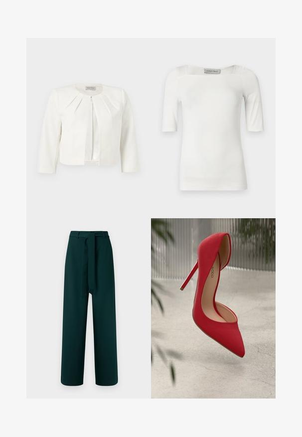 Witte cropped blazer met driekwartsmouwen en geplooide details rondom de kraag van Anna Field.; Wit T-shirt met korte mouwen en een vierkante halslijn, gemaakt van een gladde stof, met subtiele naaddetails op de schouders en zijkanten.; Groene broek met een wijdere pijp, riemlussen, een stoffen riem om te strikken en een gladde textuur; heeft een taille met hoge taille en geen zichtbaar patroon.; Rode hoge hak schoen met een spitse neus en een glanzende suede afwerking. Voorzien van een stiletto hak en een gouden accent aan de basis van de hak.