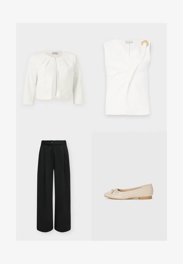 Hvid cropped blazer med trekvartlange ærmer og plisseret detaljer omkring kraven fra Anna Field.; Ærmeløs hvid bluse med en indpakningsdesign, der har en guldfarvet dekorativ ringdetalje på den højre skulder.; Sorte, højtaljede, vide bukser med frontknap og skjult lynlås på en ensfarvet lys baggrund.; Beige balletflader lavet af glat syntetisk materiale. Har en lille blokhæl og en knyttet detalje med gyldne accenter på tåen.