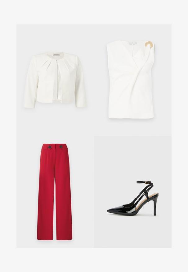 Hvid cropped blazer med trekvartlange ærmer og plisseret detaljer omkring kraven fra Anna Field.; Ærmeløs hvid bluse med en indpakningsdesign, der har en guldfarvet dekorativ ringdetalje på den højre skulder.; Røde bukser med vidde, høj talje, to sorte knapper på linningen, for-trykninger og lige kant.; Sorte laklæder højhælede slingback-sko med spids tå, justerbar ankelrem og åben sider. Glat tekstur.