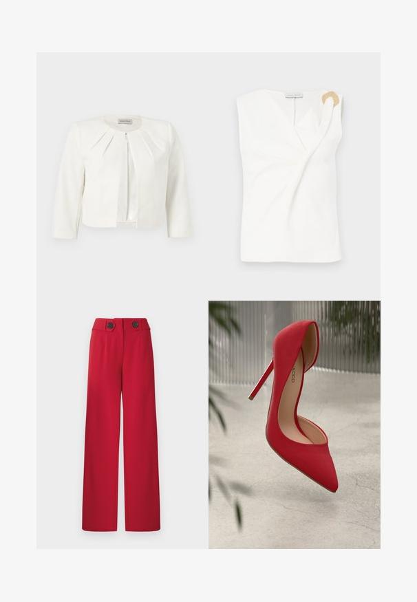 Hvid cropped blazer med trekvartlange ærmer og plisseret detaljer omkring kraven fra Anna Field.; Ærmeløs hvid bluse med en indpakningsdesign, der har en guldfarvet dekorativ ringdetalje på den højre skulder.; Røde bukser med vidde, høj talje, to sorte knapper på linningen, for-trykninger og lige kant.; Rød højhælet sko med spids tå og glat ruskindsoverflade. Har en stiletto-hæl og en guldaccent ved hælens bund.
