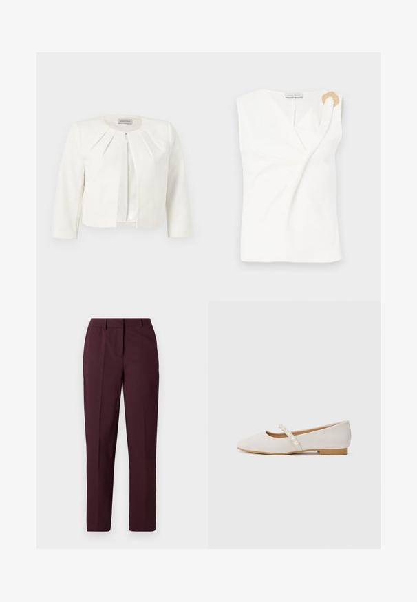 Hvid cropped blazer med trekvartlange ærmer og plisseret detaljer omkring kraven fra Anna Field.; Ærmeløs hvid bluse med en indpakningsdesign, der har en guldfarvet dekorativ ringdetalje på den højre skulder.; Burgunderrøde bukser med lige ben og en glat tekstur, der har en flad front og ingen synlige lommer. Skræddersyet design med en klassisk pasform.; Flade sko i blødt beige materiale med en spids tådesign. Har en dekorativ rem med hvide perledetaljer. Lav hæl.