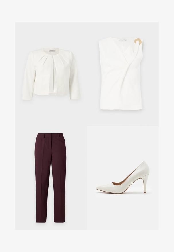 Blazer blanc court à manches trois-quarts avec des détails plissés autour du col, par Anna Field.; Blouse sans manches blanche avec un design croisé, présentant un détail décoratif en forme d'anneau doré sur l'épaule droite.; Pantalon droit bordeaux avec une texture lisse, présentant un devant plat et sans poches visibles. Coupe ajustée avec une coupe classique.; Chaussure à talon haut en cuir verni blanc avec un bout pointu et une surface lisse, dotée d'un talon fin et d'une découpe basse autour de l'ouverture.